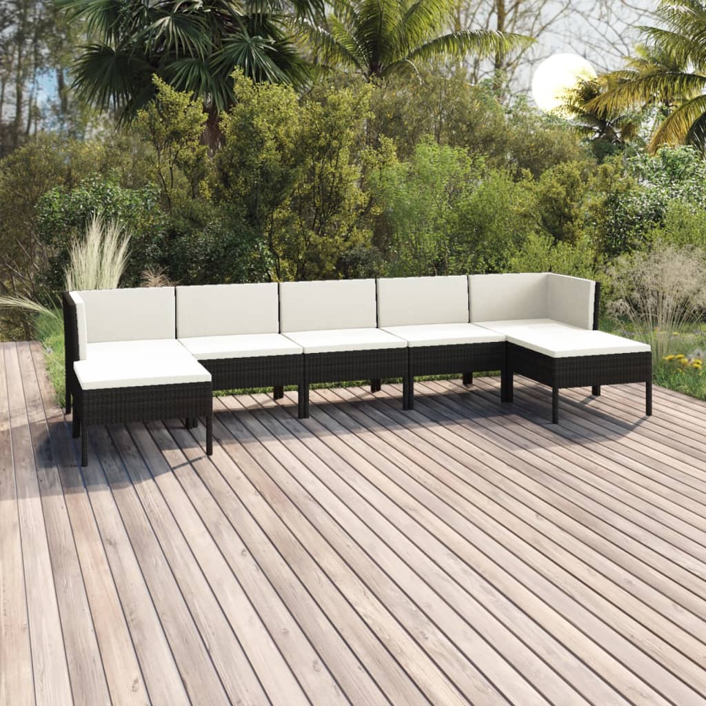 7-delige Loungeset met kussens poly rattan zwart