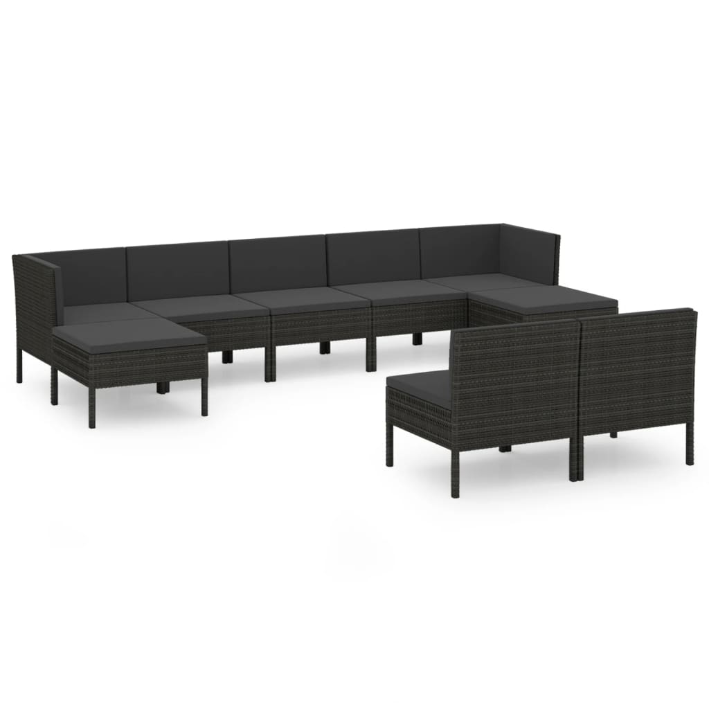 10-delige Loungeset met kussens poly rattan zwart