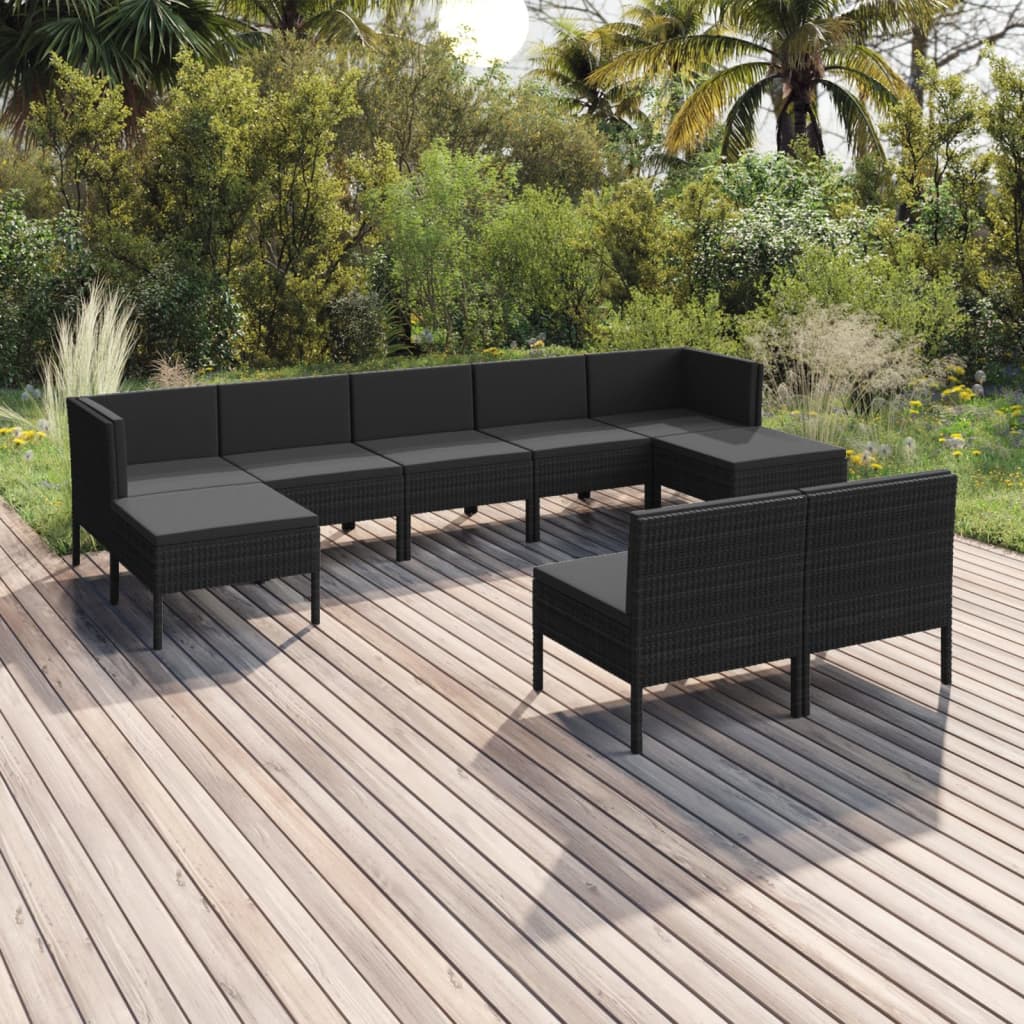 10-delige Loungeset met kussens poly rattan zwart