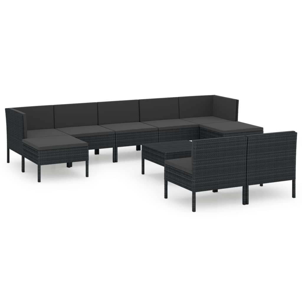 10-delige Loungeset met kussens poly rattan zwart