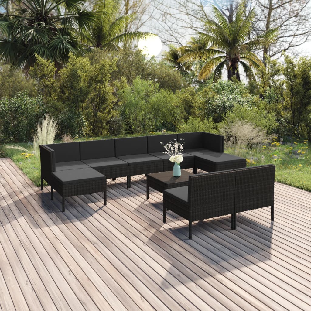 10-delige Loungeset met kussens poly rattan zwart