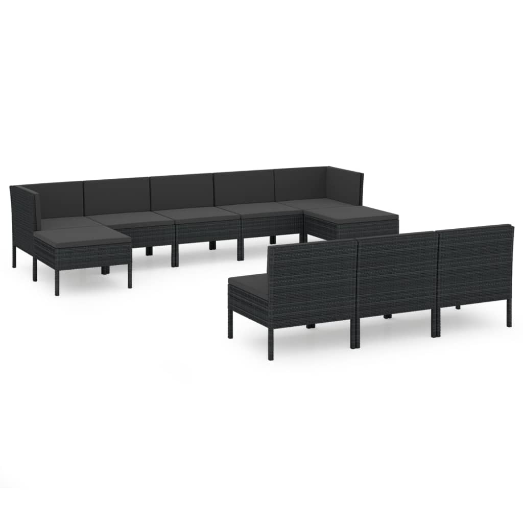 10-delige Loungeset met kussens poly rattan zwart