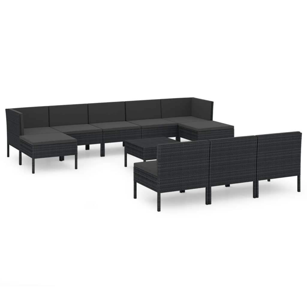 10-delige Loungeset met kussens poly rattan zwart