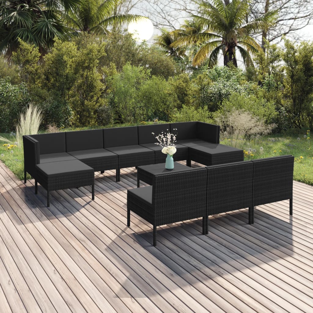 10-delige Loungeset met kussens poly rattan zwart