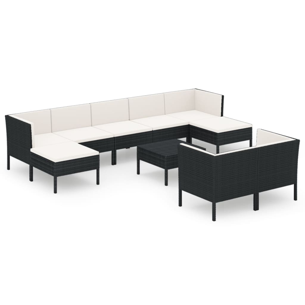 5-delige Loungeset met kussens poly rattan zwart