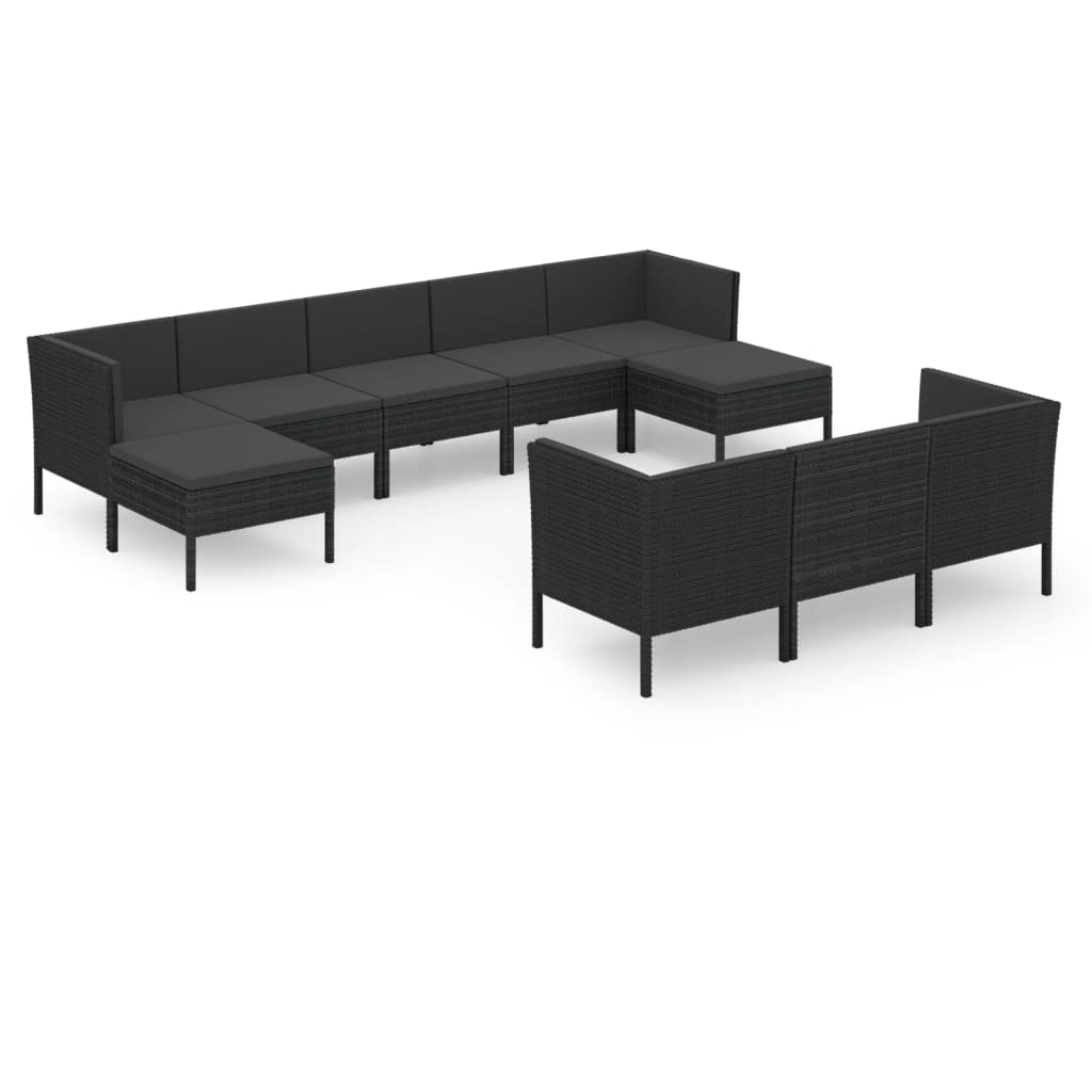 10-delige Loungeset met kussens poly rattan zwart