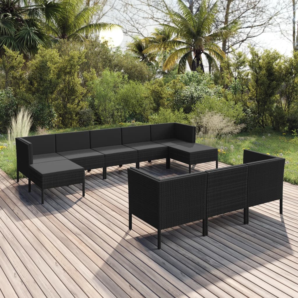 10-delige Loungeset met kussens poly rattan zwart