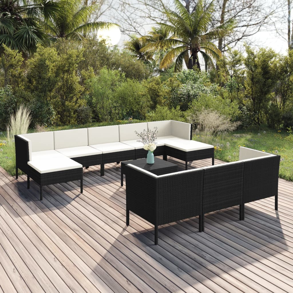 5-delige Loungeset met kussens poly rattan zwart