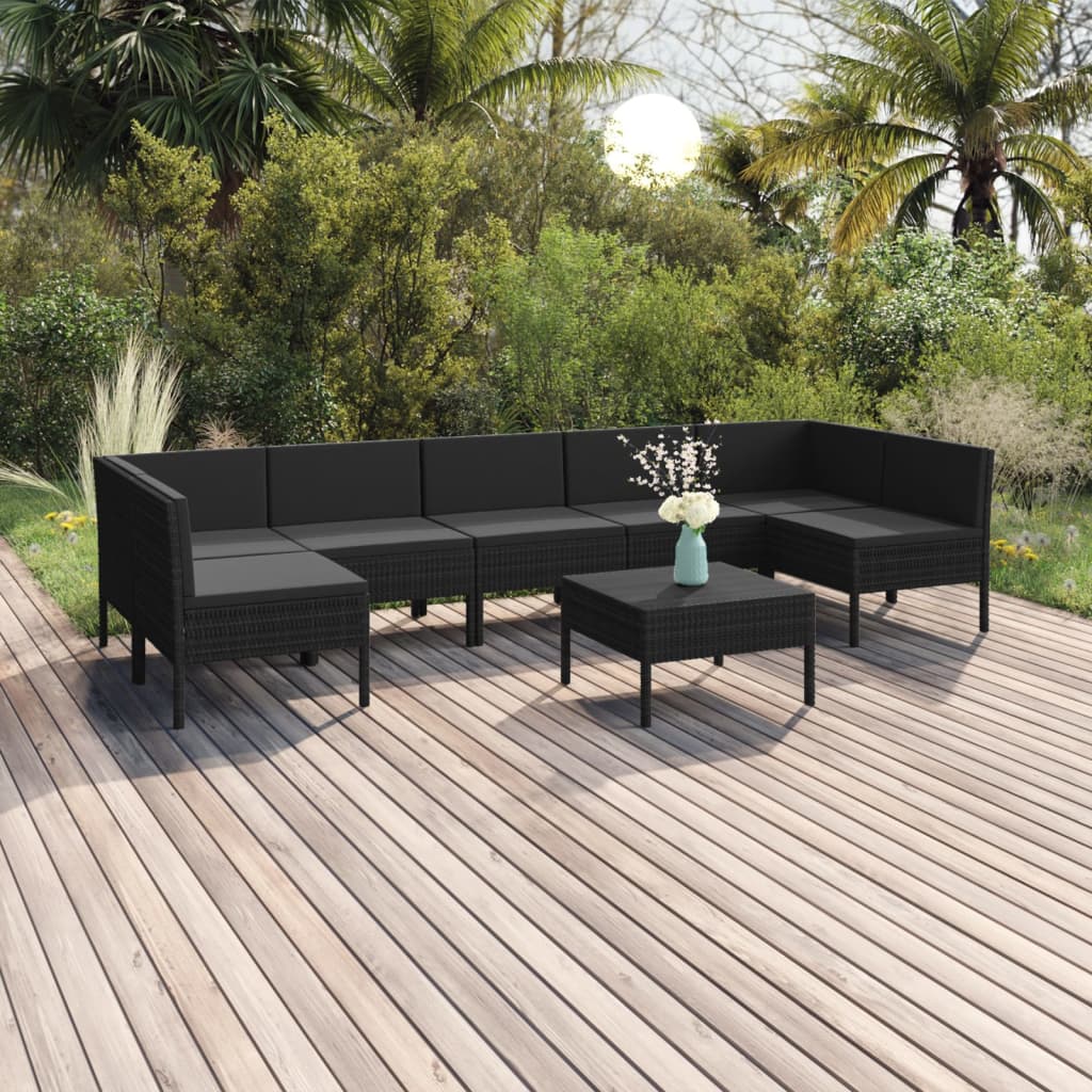 10-delige Loungeset met kussens poly rattan zwart