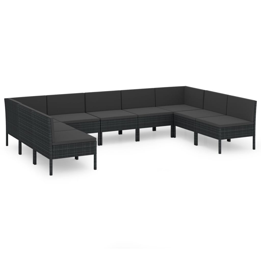 10-delige Loungeset met kussens poly rattan zwart