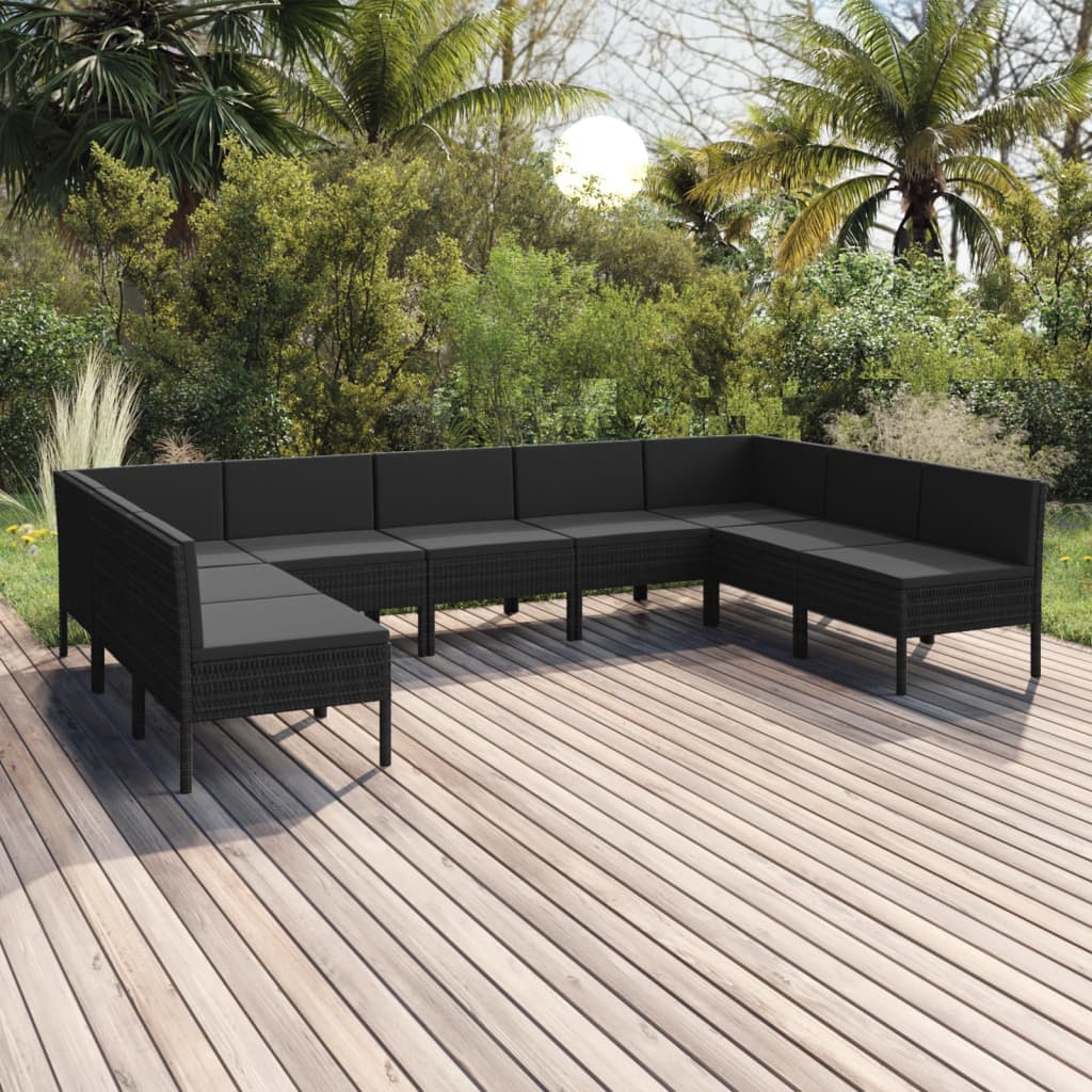 10-delige Loungeset met kussens poly rattan zwart