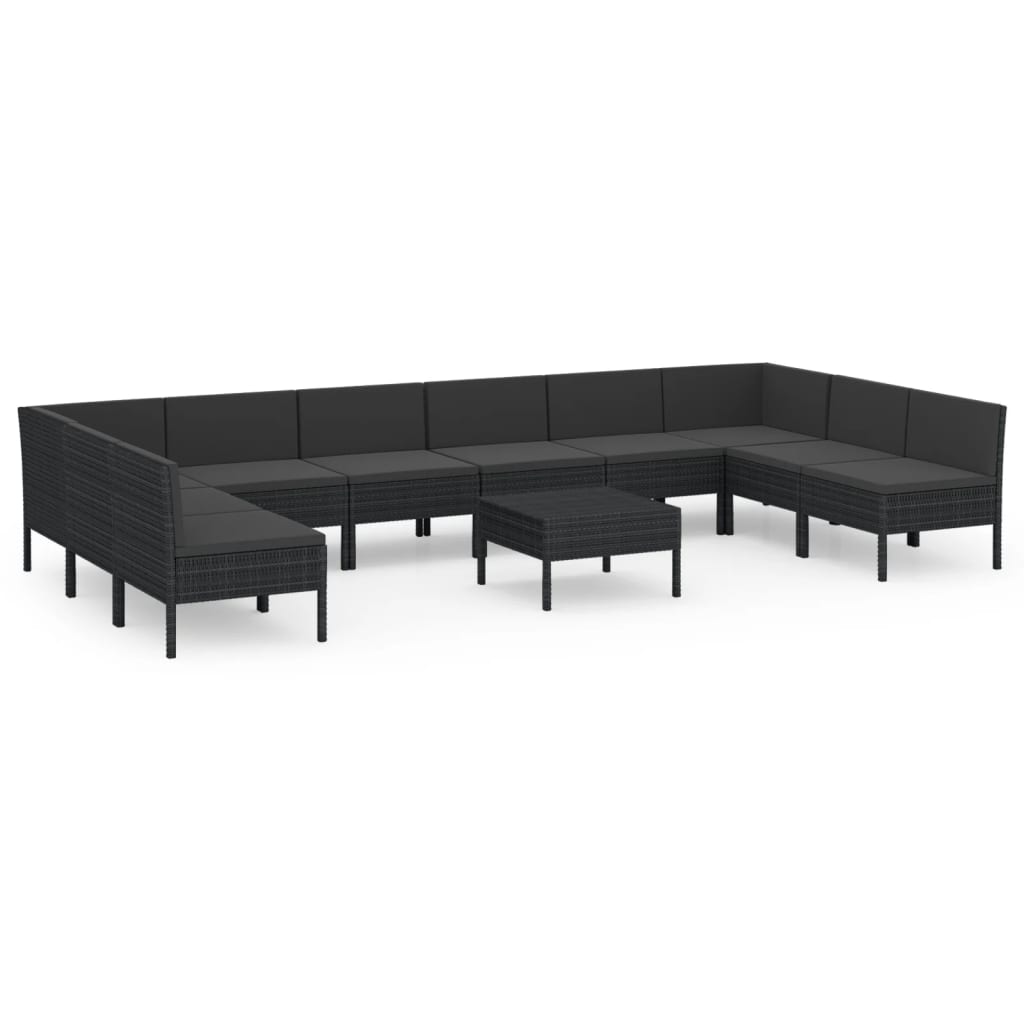 10-delige Loungeset met kussens poly rattan zwart