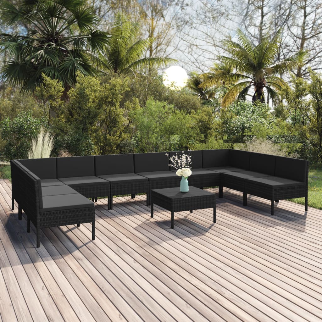 10-delige Loungeset met kussens poly rattan zwart