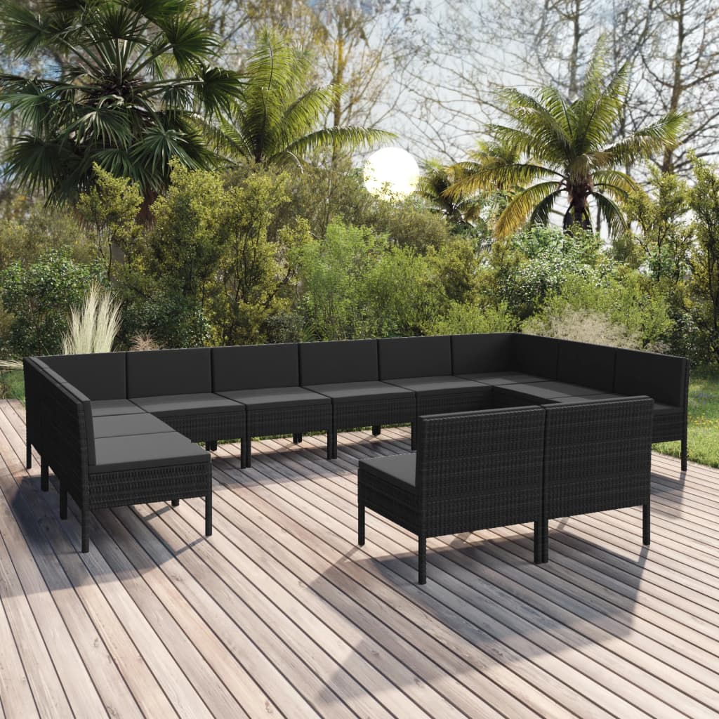 10-delige Loungeset met kussens poly rattan zwart