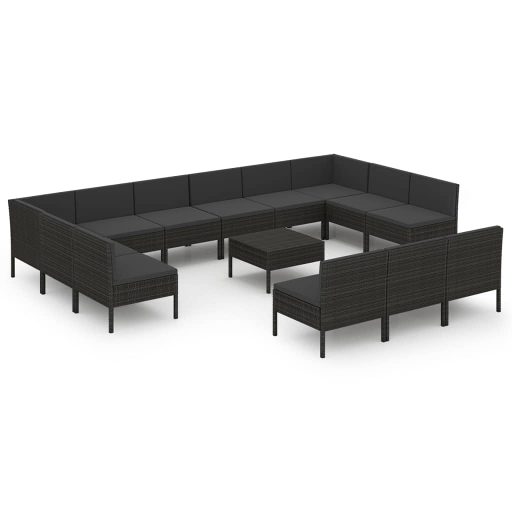 10-delige Loungeset met kussens poly rattan zwart