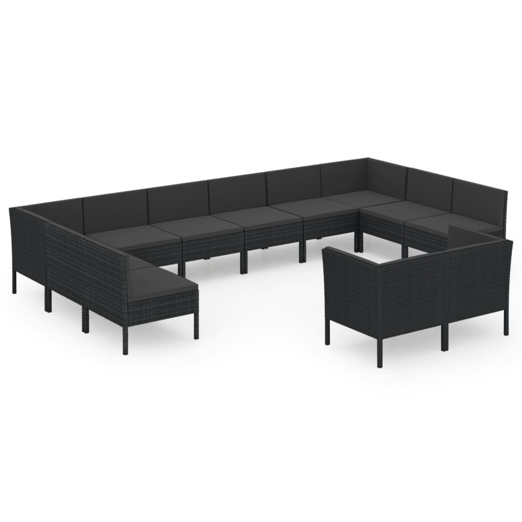 10-delige Loungeset met kussens poly rattan zwart