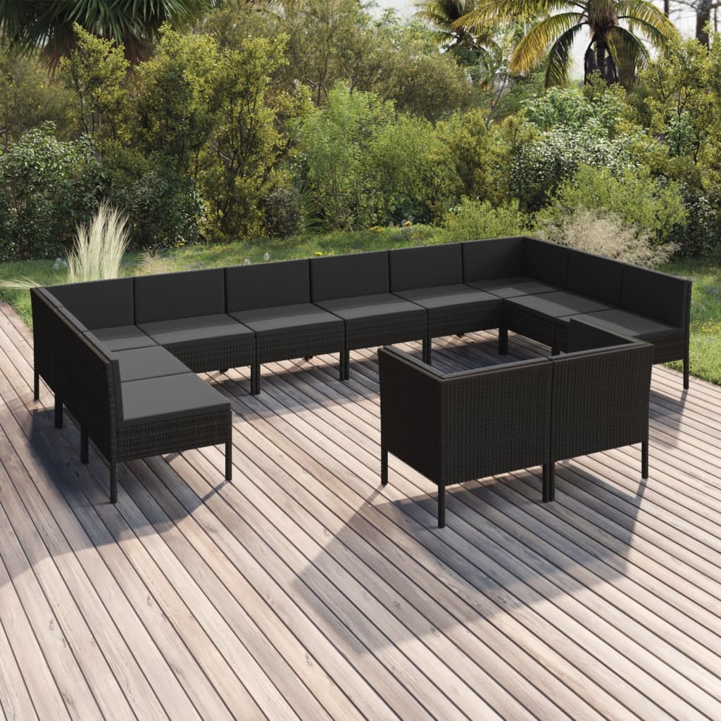 10-delige Loungeset met kussens poly rattan zwart