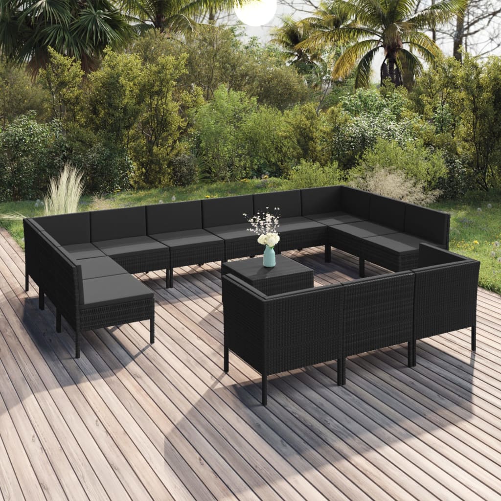 10-delige Loungeset met kussens poly rattan zwart