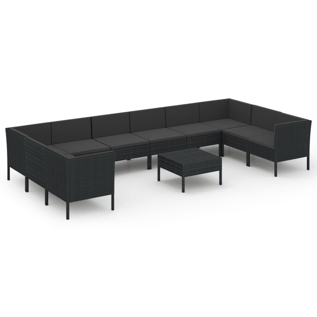 10-delige Loungeset met kussens poly rattan zwart