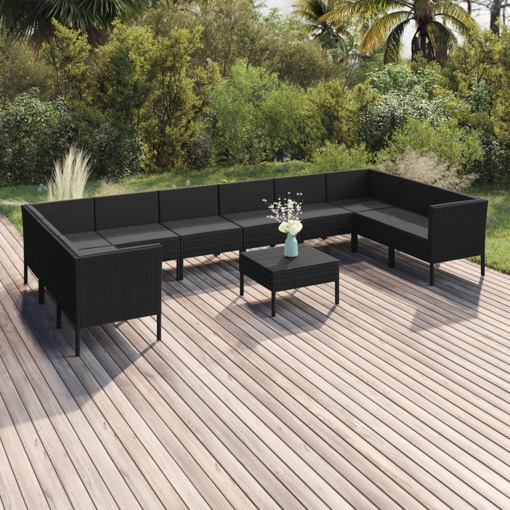 10-delige Loungeset met kussens poly rattan zwart