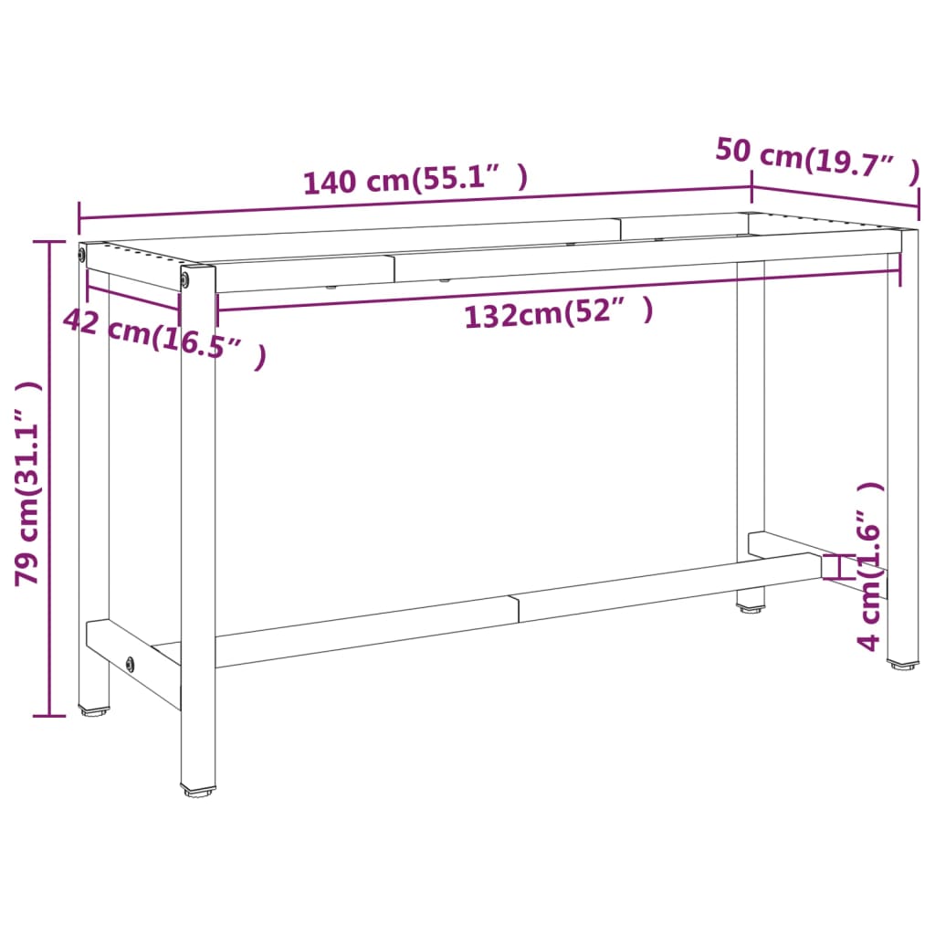 Werkbankframe 210x50x79 cm metaal matzwart en matrood