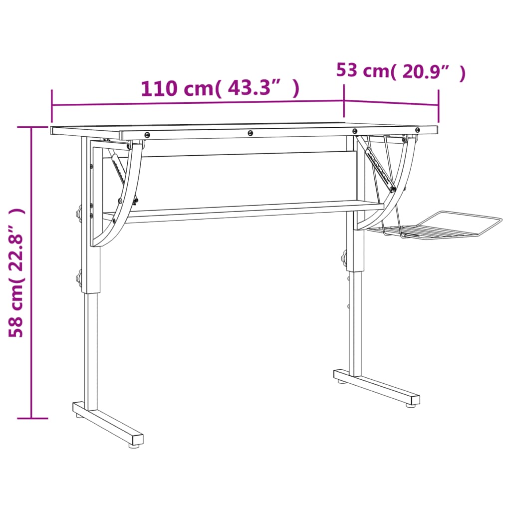 Tekentafel 110x53x(58-87) cm bewerkt hout en staal /grijs