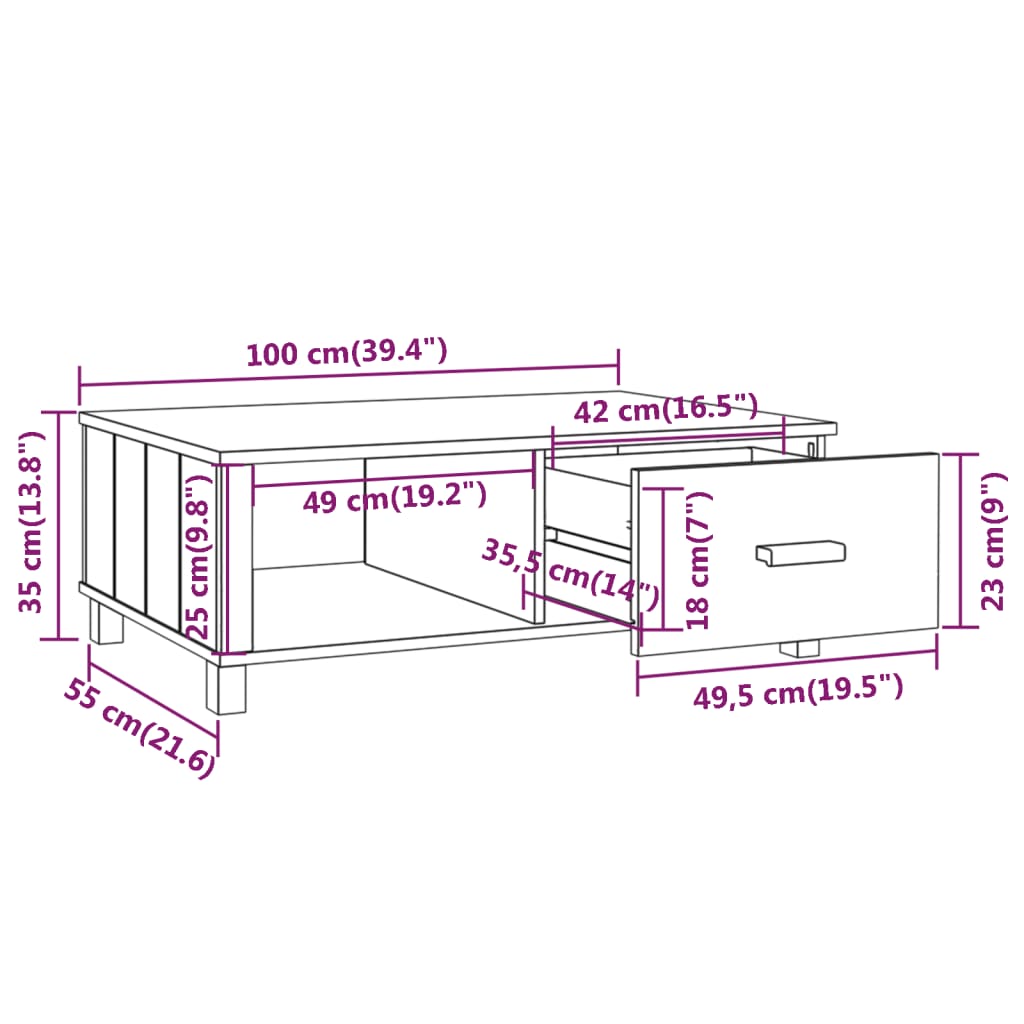 Salontafel HAMAR 100x55x35 cm massief grenenhout