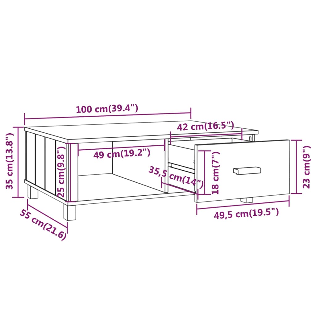 Salontafel HAMAR 100x55x35 cm massief grenenhout