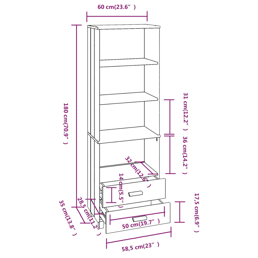 Hoge kast HAMAR 60x35x180 cm massief grenenhout