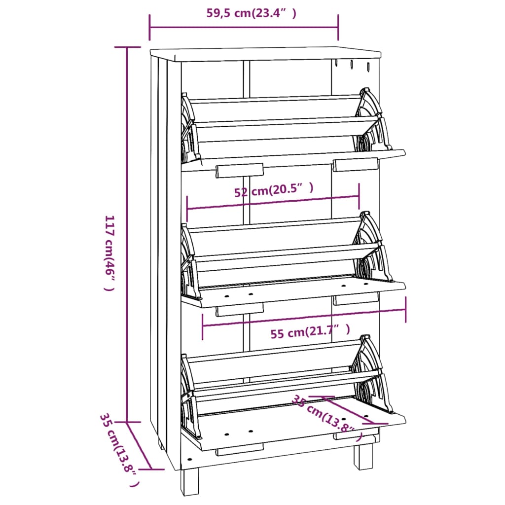 Schoenenkast HAMAR 59,5x35x117 cm massief grenenhout