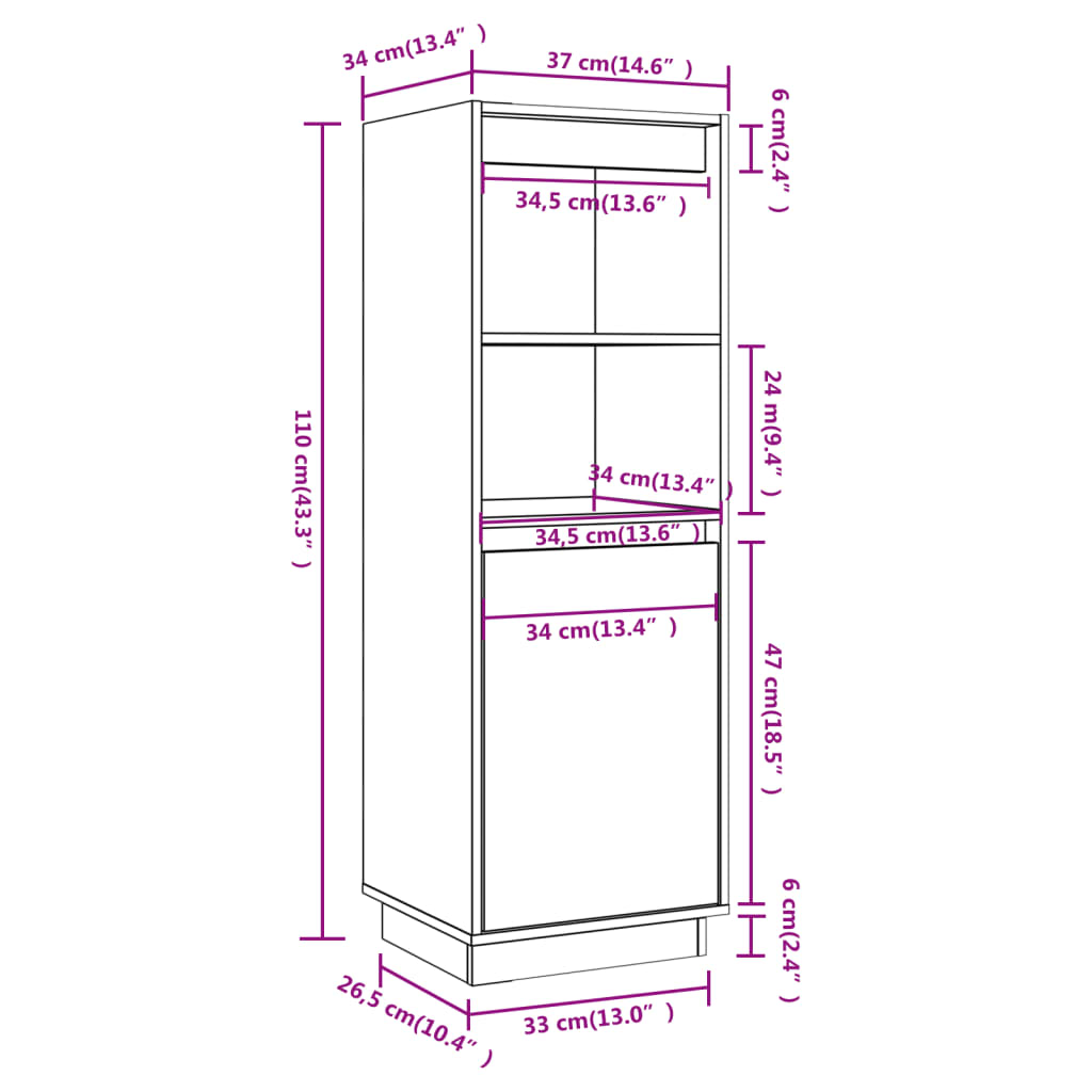 Hoge kast 37x34x110 cm massief grenenhout