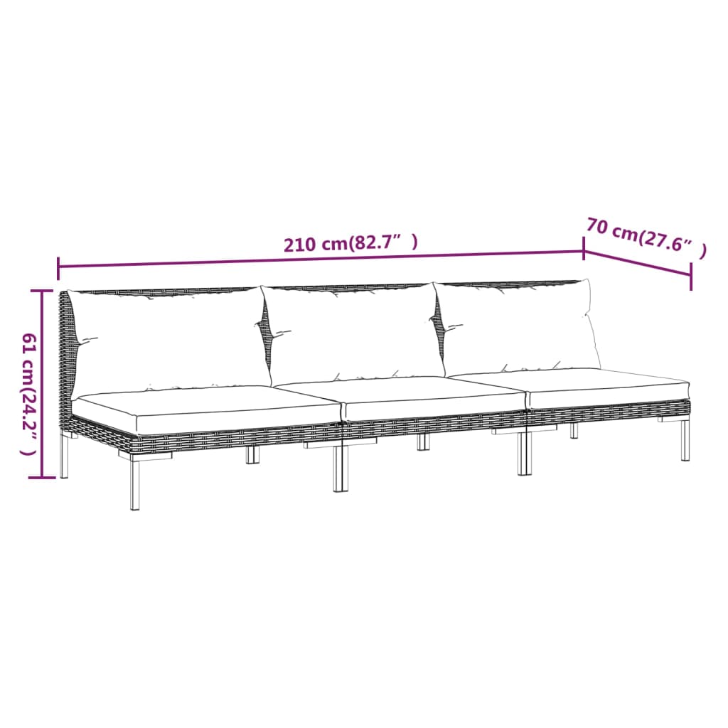 Tuinbanken 3 st met kussens halfrond poly rattan