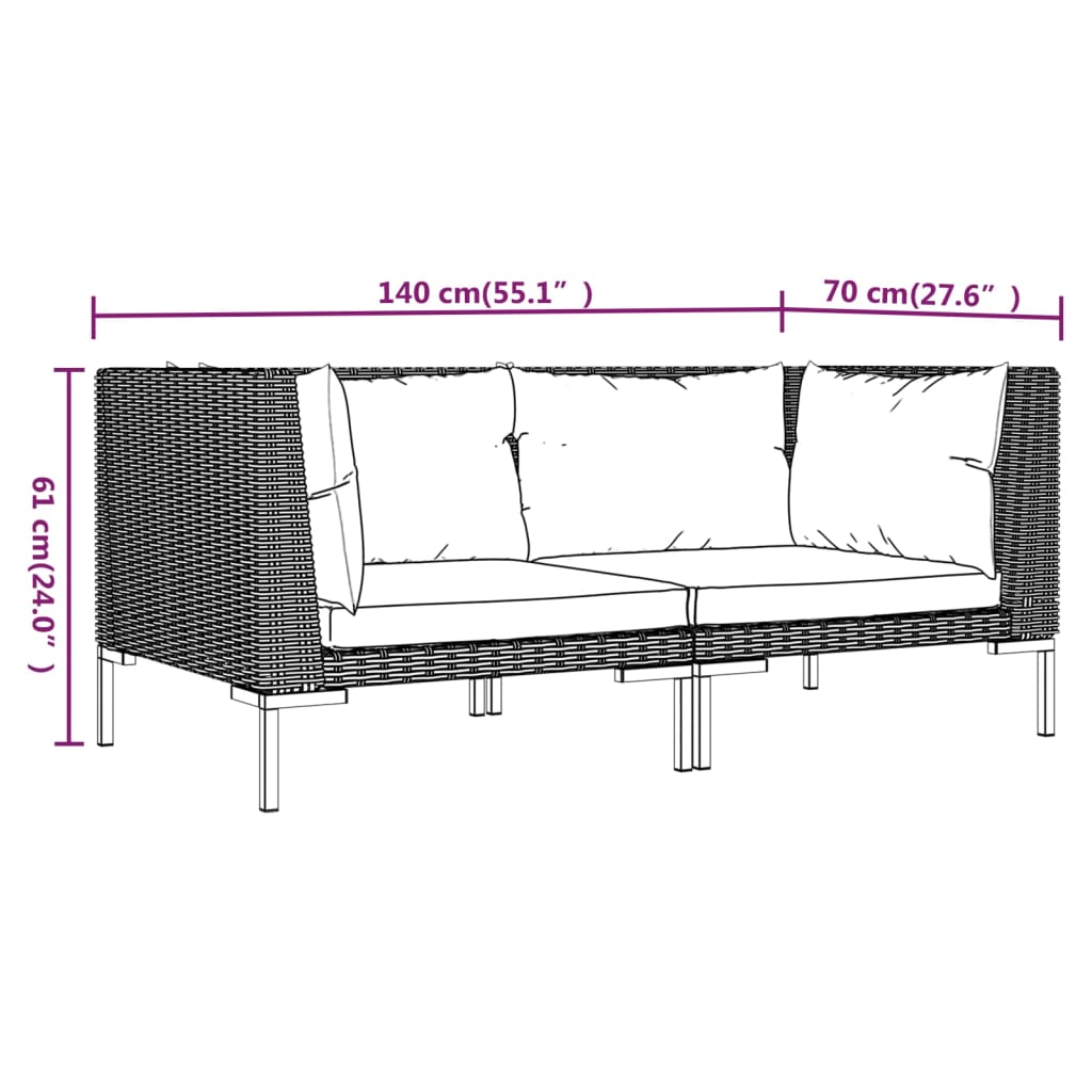 Tuinbanken 3 st met kussens halfrond poly rattan