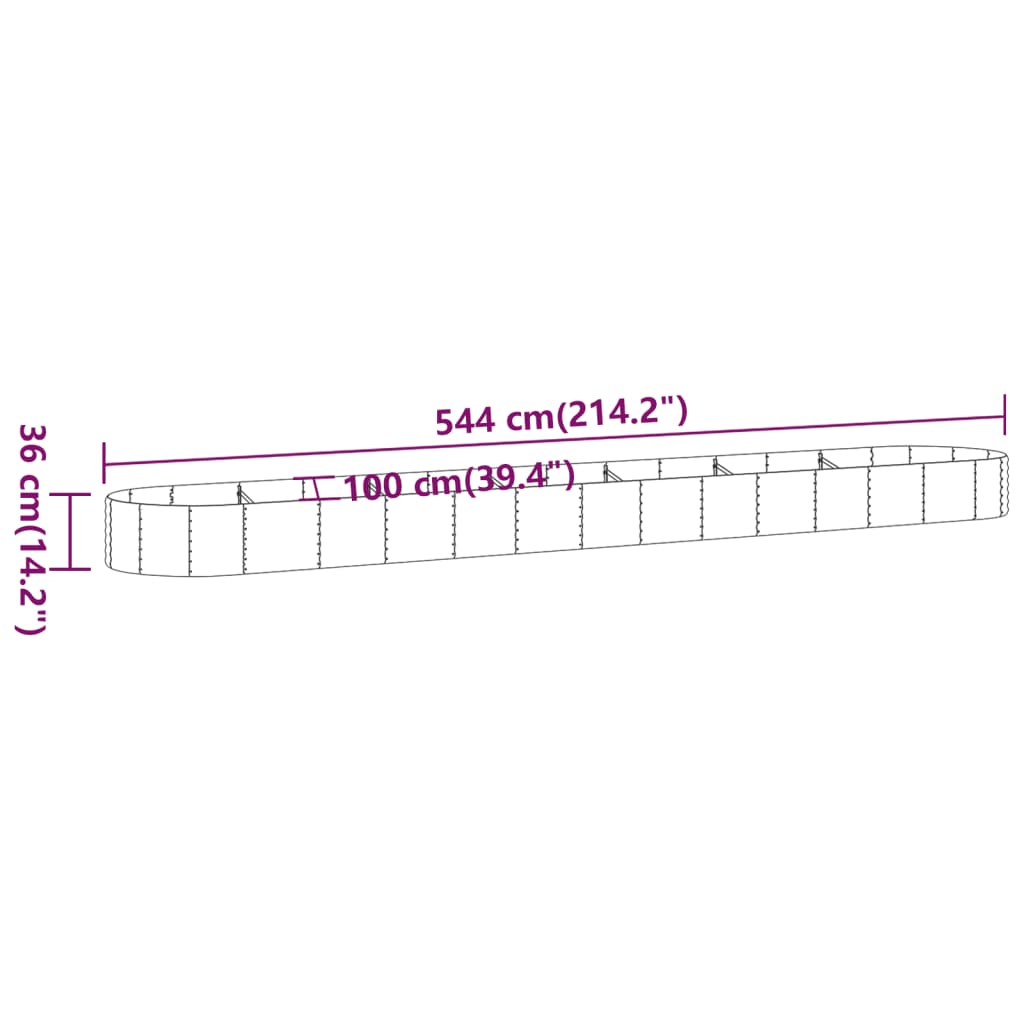 Plantenbak 600x140x36 cm gepoedercoat staal zilverkleurig