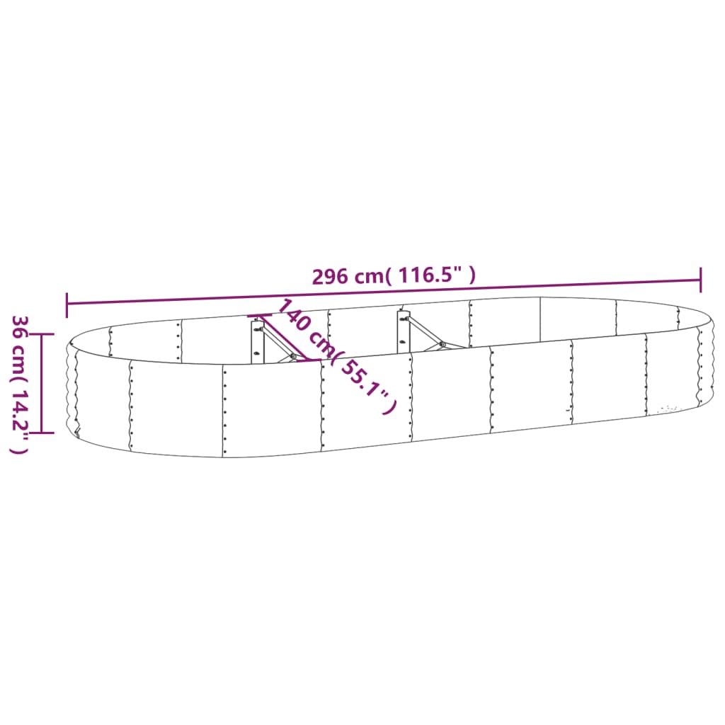 Plantenbak 600x140x36 cm gepoedercoat staal zilverkleurig