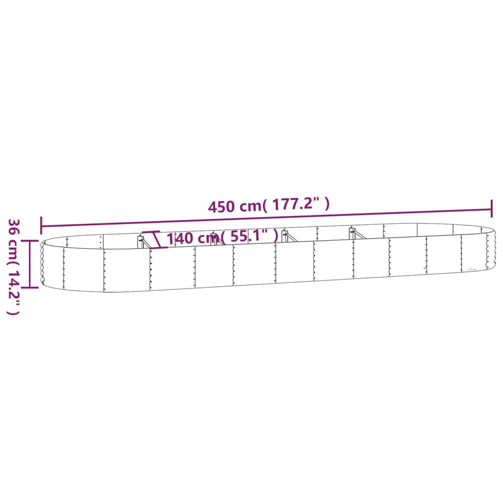 Plantenbak 600x140x36 cm gepoedercoat staal zilverkleurig