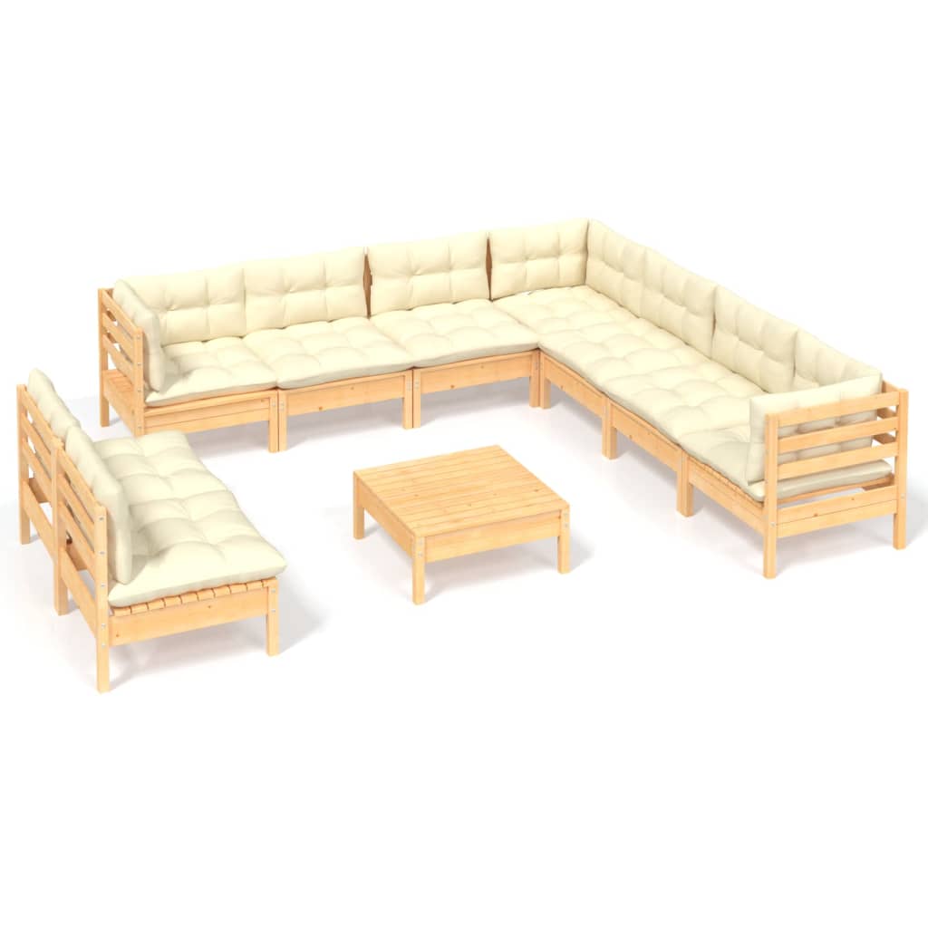 10-delige Loungeset met kussens massief grenenhout wit