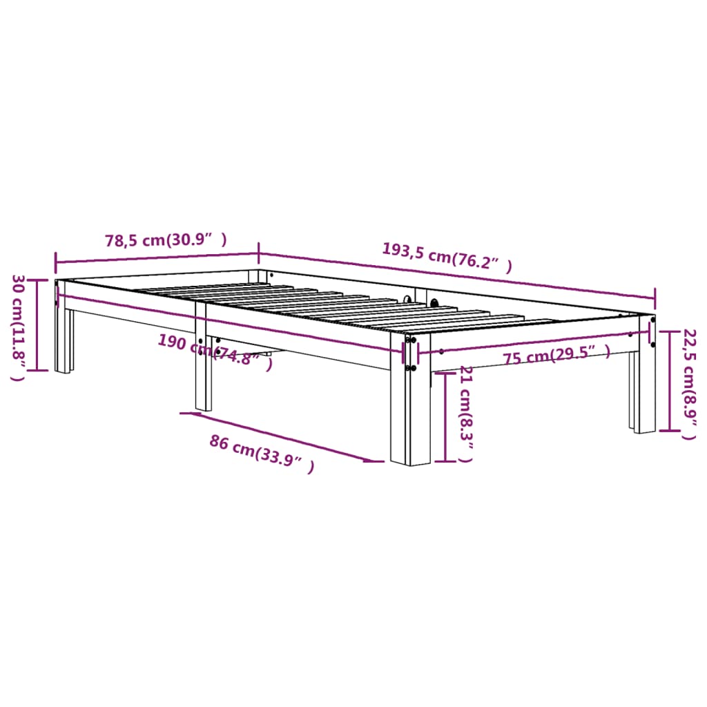 Bedframe massief hout 135x190 cm