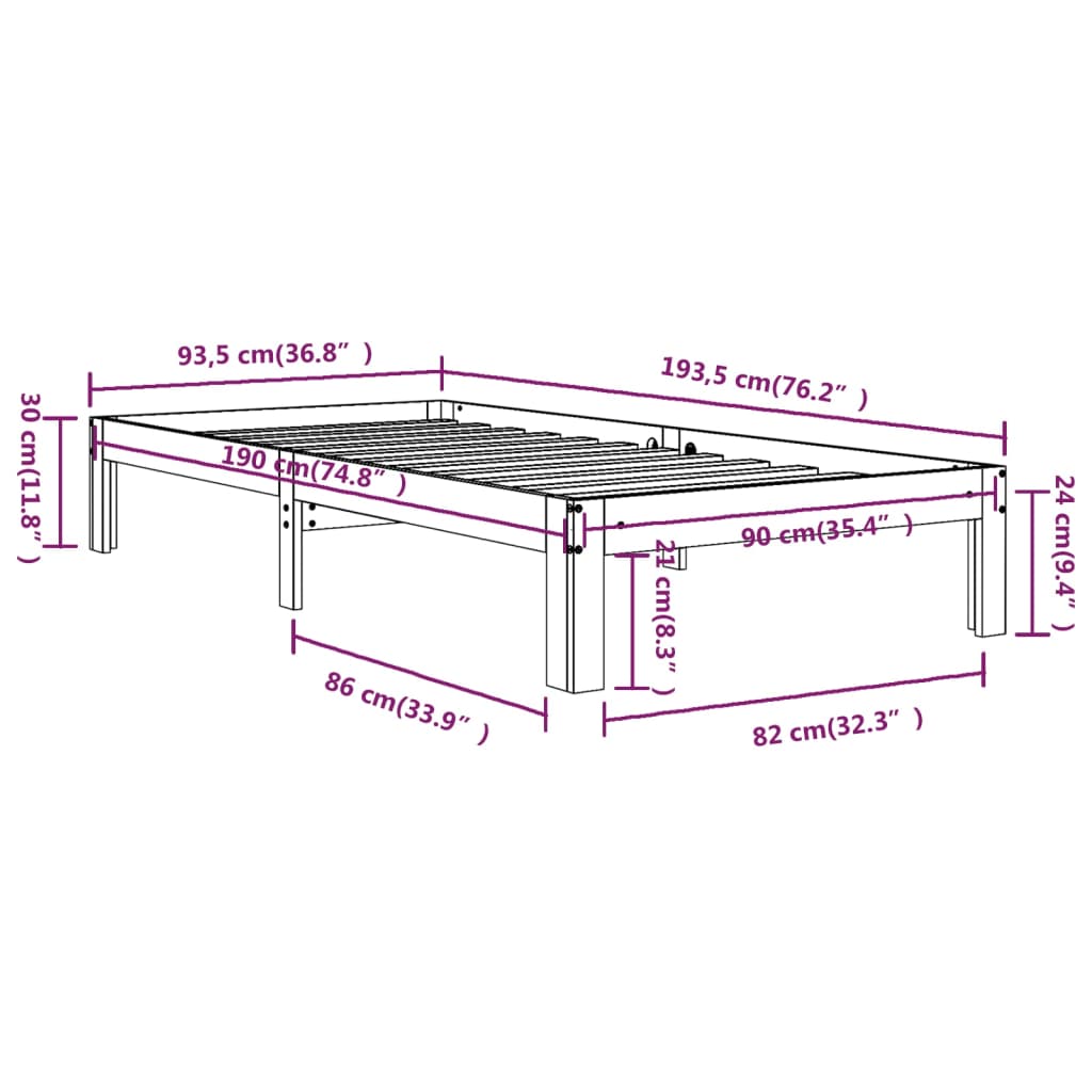 Bedframe massief hout 135x190 cm