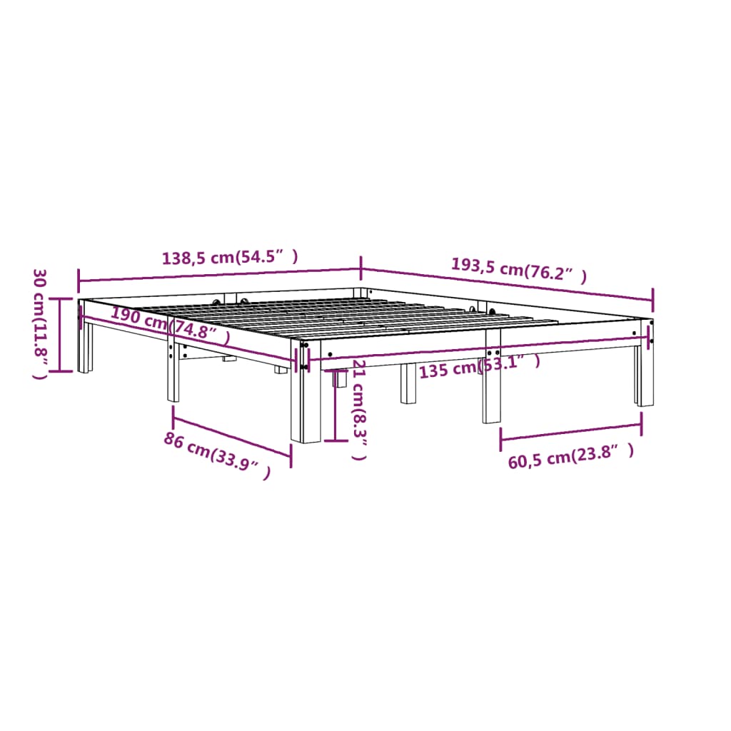 Bedframe massief hout 135x190 cm