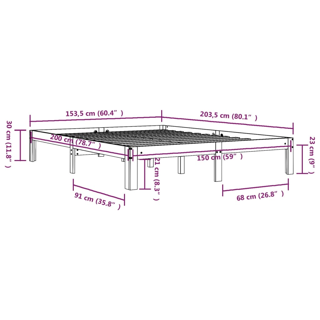 Bedframe massief hout 135x190 cm