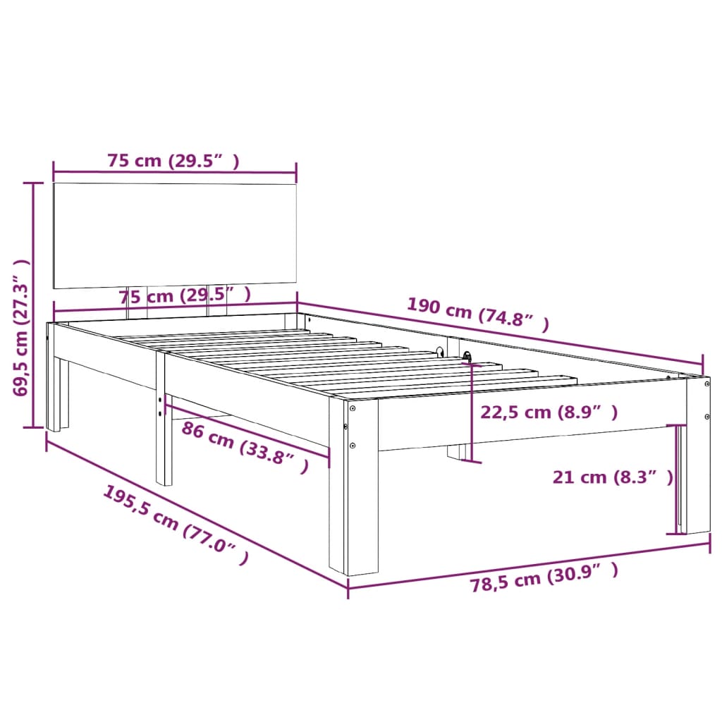 Bedframe massief hout 75x190 cm