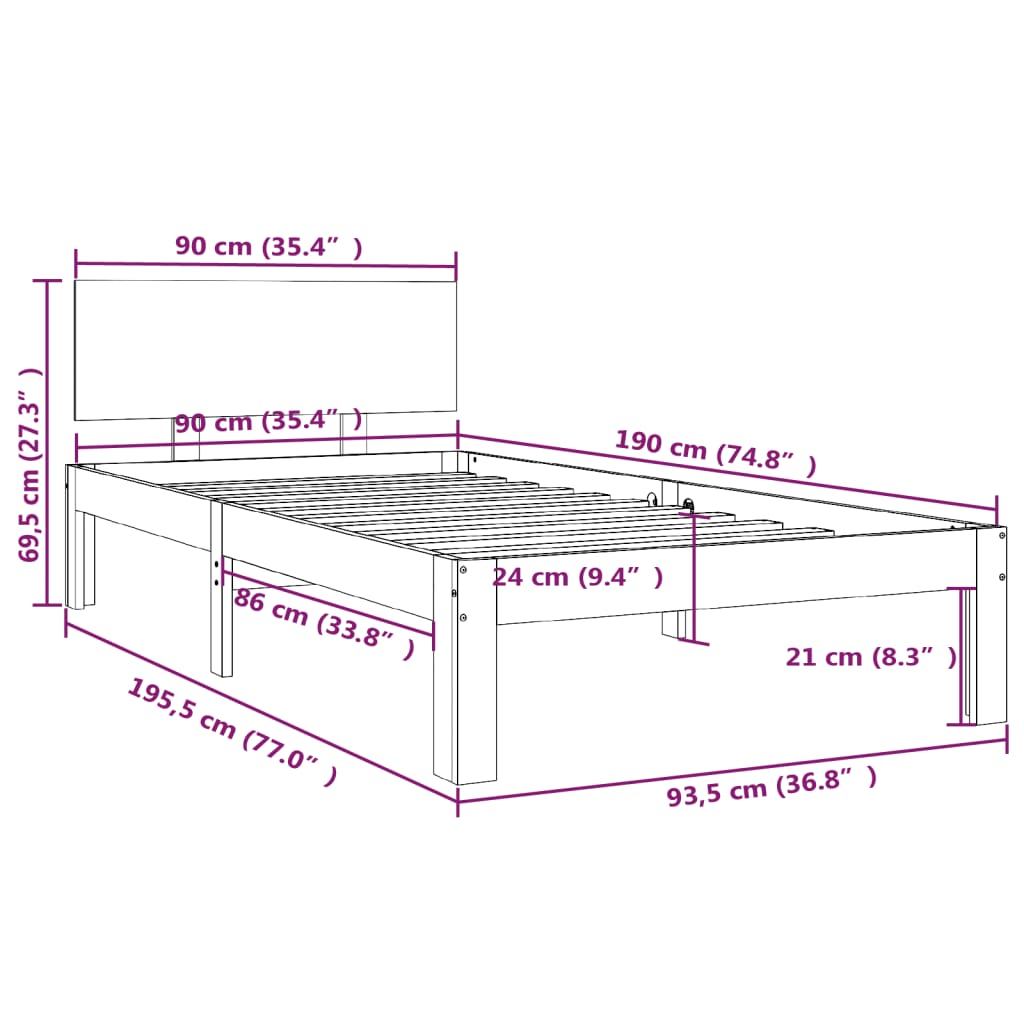 Bedframe massief hout 75x190 cm