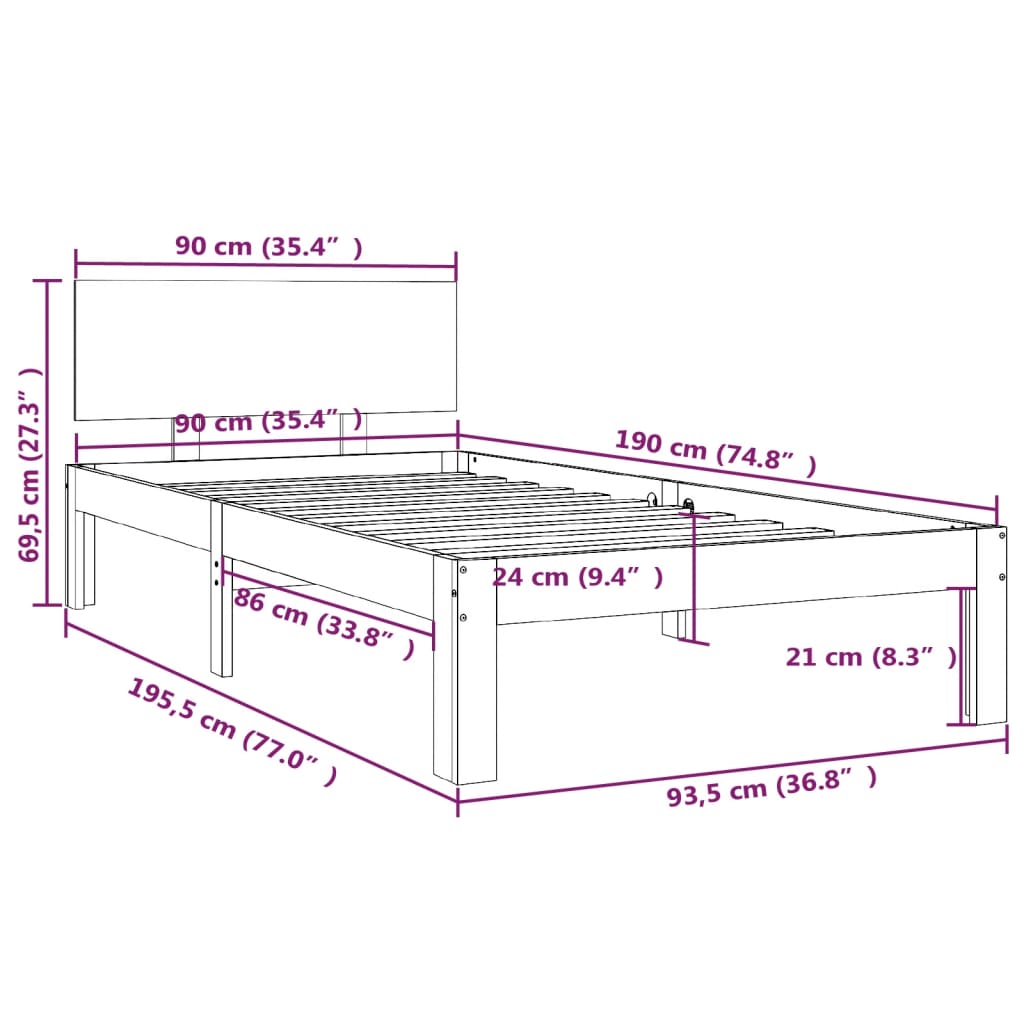 Bedframe massief hout 75x190 cm