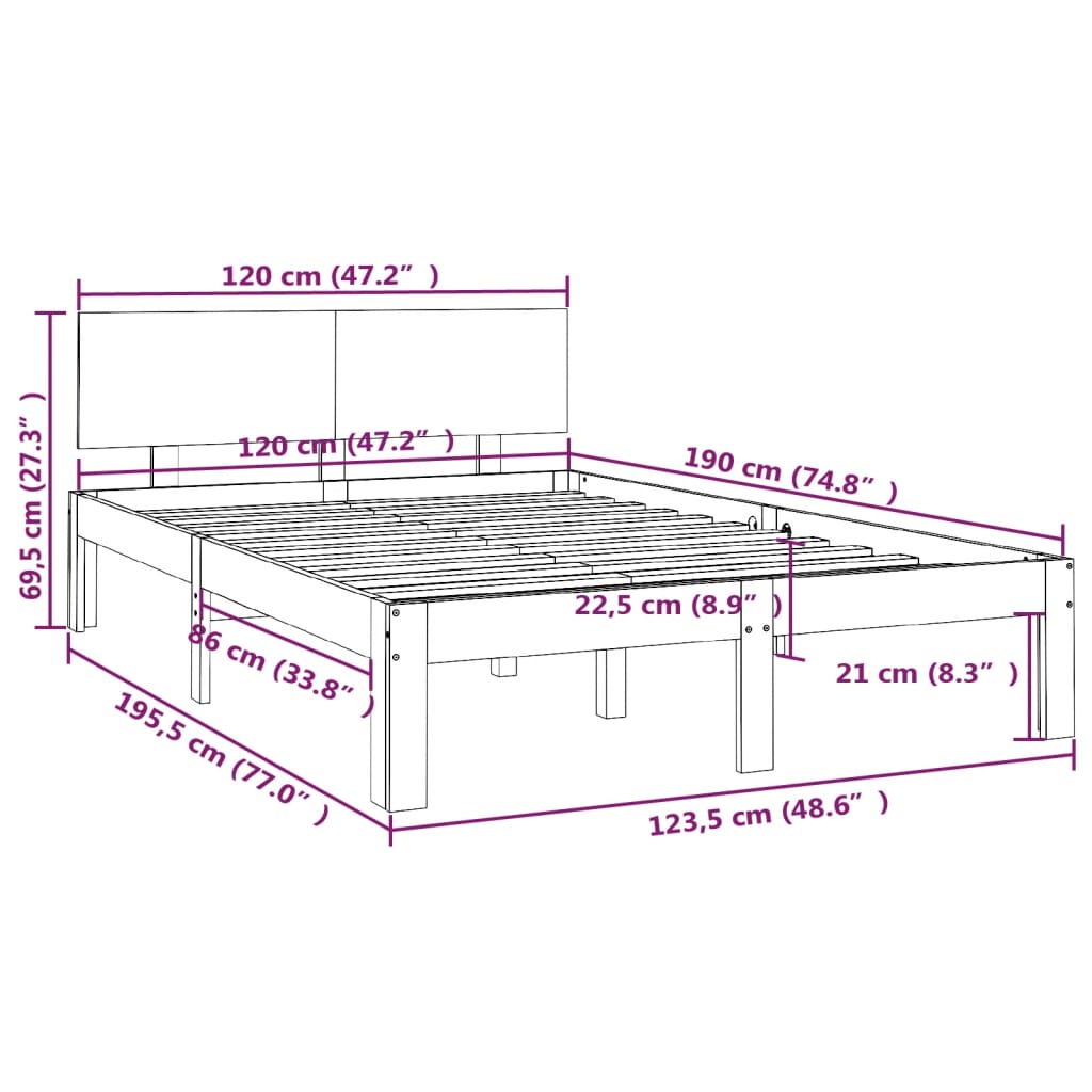 Bedframe massief hout 75x190 cm