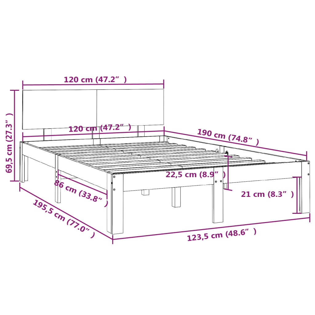 Bedframe massief hout 75x190 cm