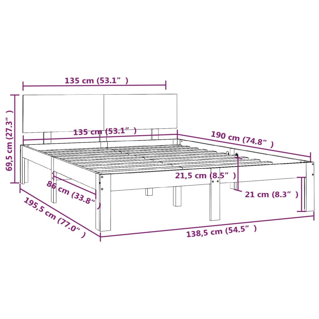 Bedframe massief hout 75x190 cm