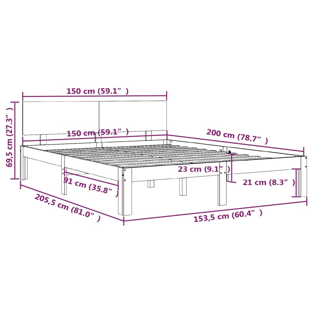 Bedframe massief hout 75x190 cm