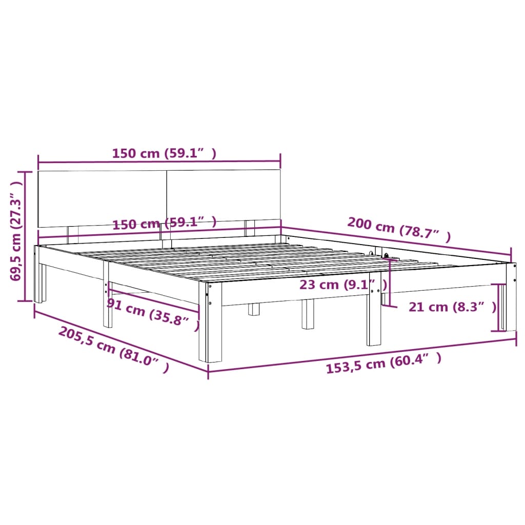 Bedframe massief hout 75x190 cm