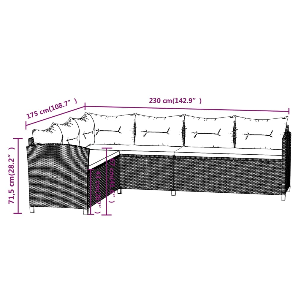 6-delige Loungeset met kussens poly rattan grijs